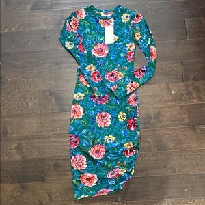 Zara Green Floral textured dress with Multicolor Blooms - Never worn with tag